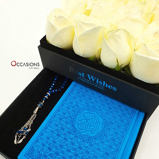 Quran & Rosary in Roses Drawer Box - Blue