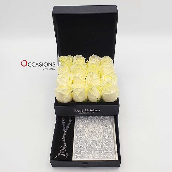 Quran & Rosary in Roses Drawer Box - Silver