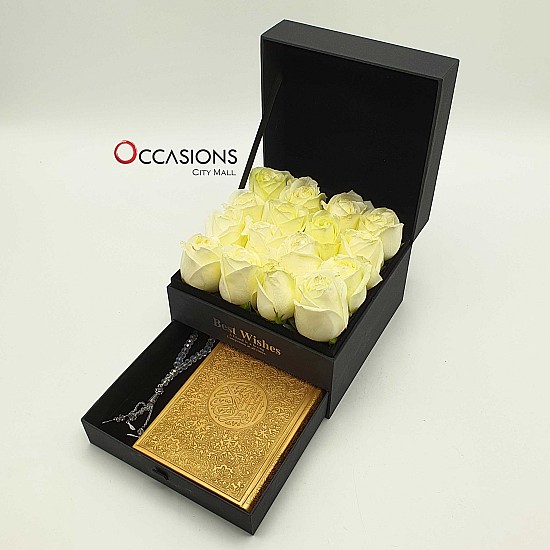 Quran & Rosary in Roses Drawer Box - Gold