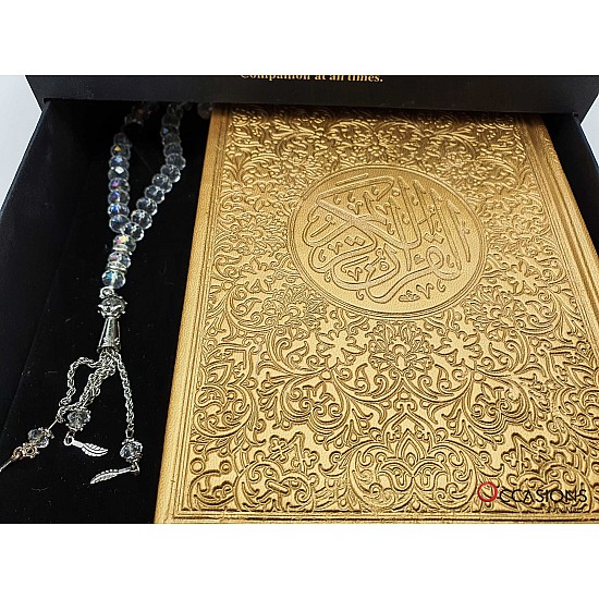 Quran & Rosary in Roses Drawer Box - Gold