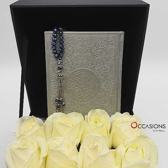 Quran with Chocolate Drawer & Roses - Silver