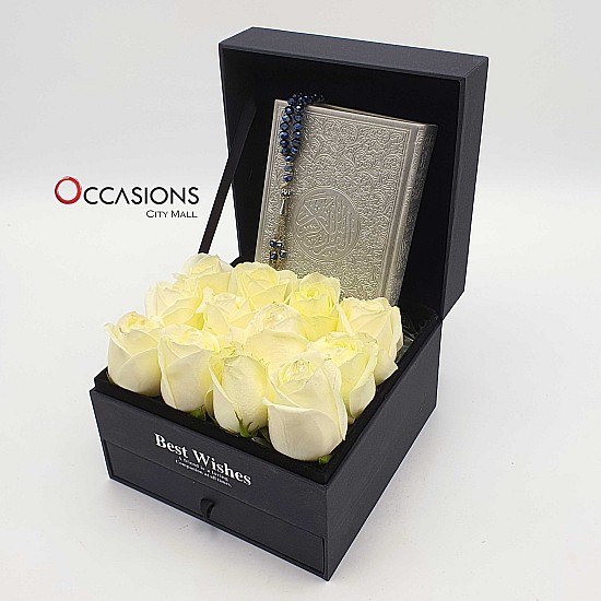 Quran with Chocolate Drawer & Roses - Silver