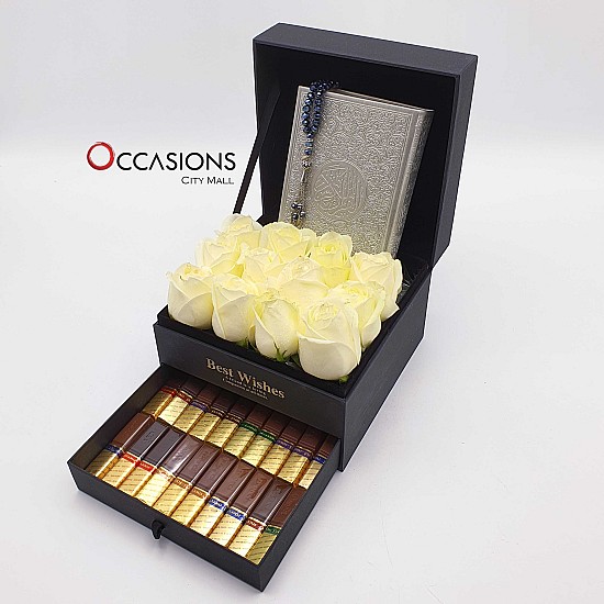 Quran with Chocolate Drawer & Roses - Silver