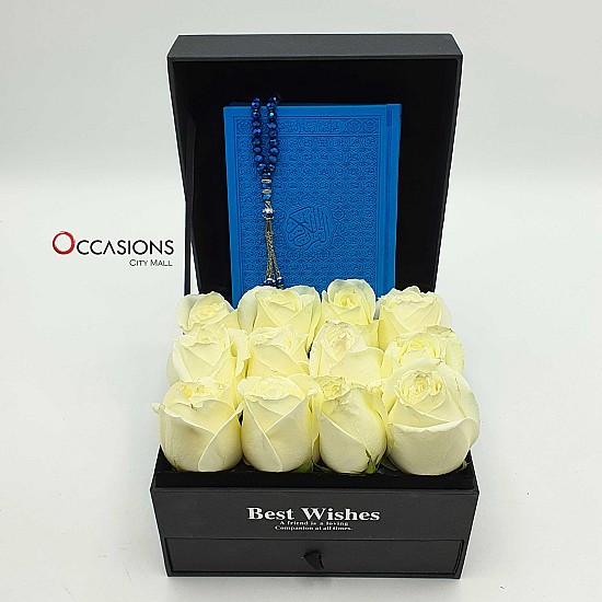 Quran with Chocolate Drawer & Roses - Blue